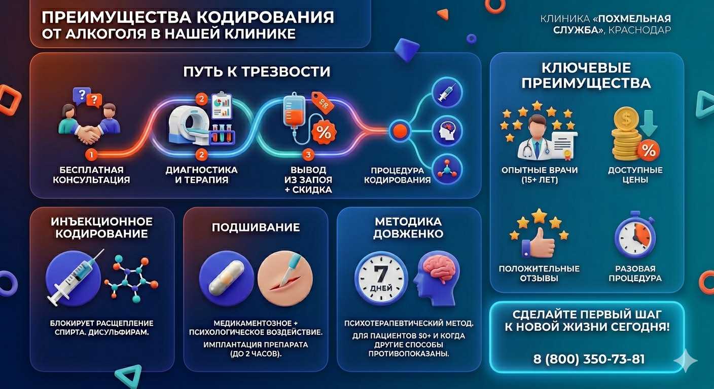 Инфографика о методах кодирования от алкоголя в Гурзуфе: инъекции, подшивание, метод Довженко. Преимущества клиники и этапы лечения.