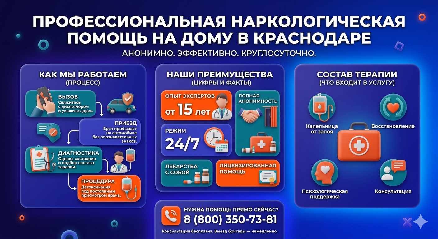 Инфографика о принципах лечения алкоголизма на дому в Гурзуфе: этапы вызова нарколога, преимущества анонимной детоксикации и состав медицинской помощи.
